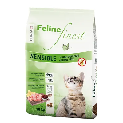 Porta 21 Feline Finest Sensible, ohne Getreide, tierisches Protein 99%, pflanzliches Protein 1%, Geflügel mit Kartoffel und Preiselbeere, 10 kg. Bild einer Katze und Zutaten.