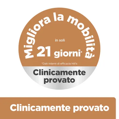Migliora la mobilità in solo 21 giorni. Testato clinicamente. Dati interni sull'efficacia di Hill's. Migliora la mobilità in solo 21 giorni. Testato clinicamente. Dati interni sull'efficacia di Hill's.