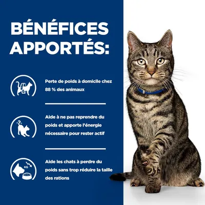 Avantages : 88 % des animaux perdent du poids à la maison, aide à maintenir le poids et à fournir de l'énergie, favorise la perte de poids chez les chats sans réduction importante de la quantité de nourriture.