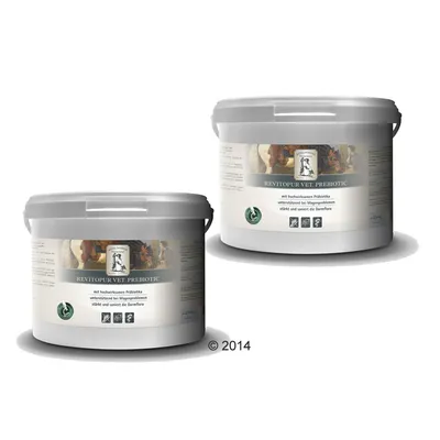 Două recipiente Revitopur Vet Prebiotic, etichetă vizibilă cu text în germană și simboluri, fiecare recipient având capac gri și mâner lateral.