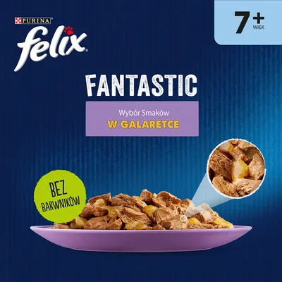 Purina Felix Fantastic, wybór smaków w galaretce, dla kotów 7+ lat, bez barwników. Zdjęcie kawałków karmy na fioletowym talerzu.