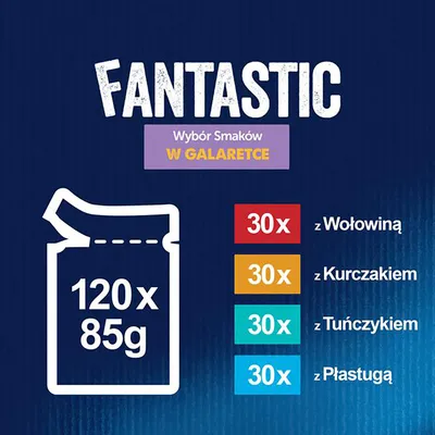 Fantastic Wybór Smaków w galaretce: 120 x 85 g, 30 x z wołowiną, 30 x z kurczakiem, 30 x z tuńczykiem, 30 x z plastugą. Informacja o ilości i smakach saszetek.