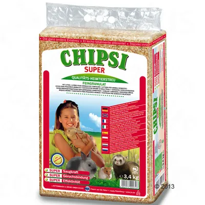 Confezione di lettiera per animali CHIPSI SUPER 3,4 kg, testo visibile: 'SUPER Saugkraft', 'SUPER Geruchsbindung', 'SUPER Effektivität', immagini di coniglio, furetto e roditore.