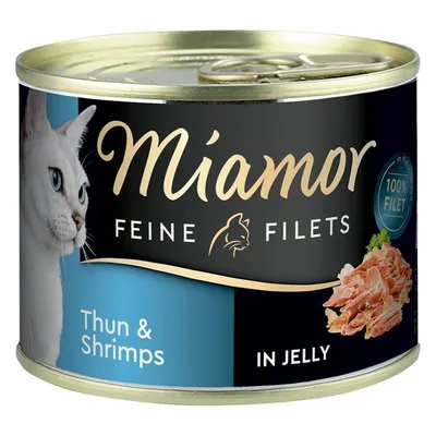 Miamor Feine Filets Thun & Shrimps in Jelly, 100% Filet. Dåse med billede af kat og stykker fisk og rejer på etiketten.