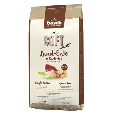 bosch SOFT adult Land-Ente & Kartoffel, farm duck & potato, Single Protein, Grain Free, 60 % animal protein, vikt 12,5 kg synlig på förpackningen.