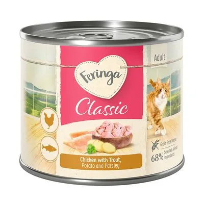 Boîte Feringa Classic Adult, texte visible : Chicken with Trout, Potato and Parsley, 68 % Selected Animal Ingredients, Grain-Free Recipe. Image d’un chat et morceaux de viande.