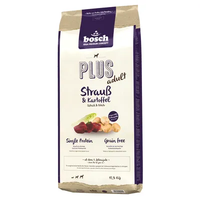 Bosch Plus Adult struts & potatis, single protein, spannmålsfri, lämplig från 1 års ålder, 12,5 kg förpackning.
