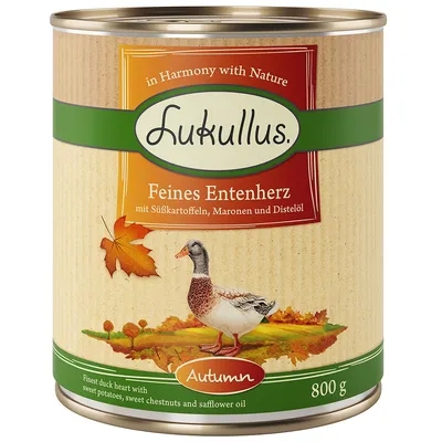 Lukullus nježno pačje srce sa slatkim krumpirom, kestenima i uljem sikavice. 800g konzerva. Jesenski motiv s patkom i lišćem.