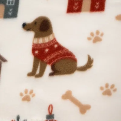 Illustrazione di un cane marrone con maglione rosso, impronte di zampe, ossa e case su sfondo color crema. Illustrazione di un cane marrone con maglione rosso, impronte di zampe, ossa e case su sfondo color crema.