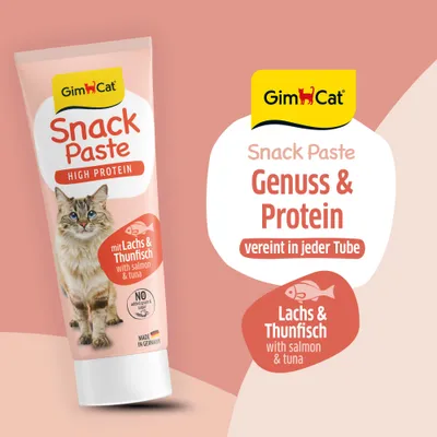 GimCat Snack Paste High Protein mit Lachs & Thunfisch, Genuss & Protein vereint in jeder Tube, ohne zugesetztes Getreide, hergestellt in Deutschland.