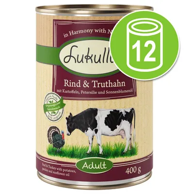 Lukullus Rind & Truthahn Adult, 400 g, pack de 12 boîtes. Texte visible : mit Kartoffeln, Petersilie und Sonnenblumenöl. Illustration d’une vache et d’une dinde.