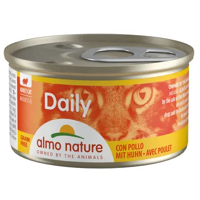 Almo Nature Daily Adult Cat Mousse, Grain Free, mit Huhn. Dose mit Katzenmotiv und Produktinformationen.