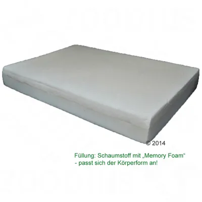 Matelas rectangulaire blanc, texte en allemand : 'Füllung: Schaumstoff mit Memory Foam – passt sich der Körperform an!'