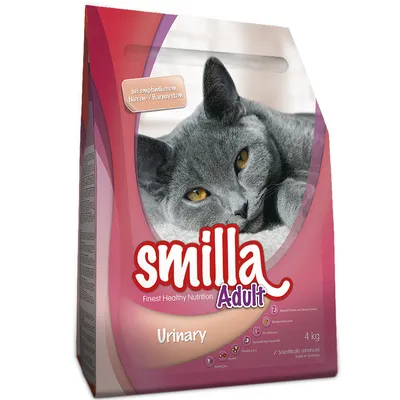 Smilla Adult Urinary torrfoder för katt, 4 kg. Text: Finest Healthy Nutrition, bei empfindlichem Nieren-/Harnsystem. Synlig bild på grå katt.