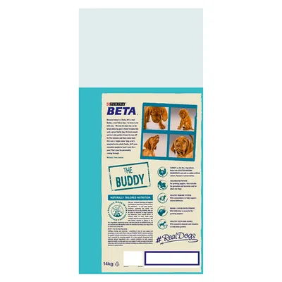 Back of pet food bag showing product features, feeding guide icons, and images of a brown dog in different poses. Text highlights tailored nutrition and healthy teeth benefits.