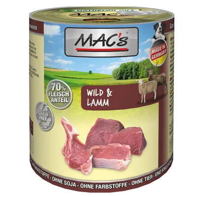 Conservă MAC's Wild & Lamm, 70% Fleischanteil, Grain Free, Made in Germany. Imagine cu carne crudă, cerb și oaie pe ambalaj. Fără arome, soia, coloranți, ingrediente animale sau oase.