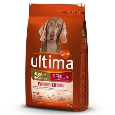 Saco de pienso para perros Affinity Ultima Medium Maxi +10 kg Senior +7 años, sabor pollo, 7,5 kg. Ingredientes principales: pollo, arroz, cereales integrales. Salud dental y movilidad articular.