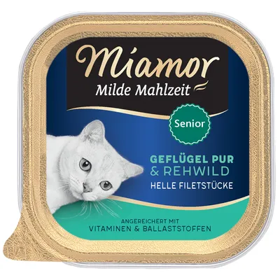 Miamor Milde Mahlzeit Senior, Geflügel pur & Rehwild, helle Filetstücke. Angereichert mit Vitaminen & Ballaststoffen. Billede af hvid kat på emballagen.