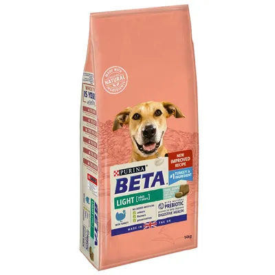 Bag showing Beta Light adult food, turkey as main ingredient, no added artificial colours, flavours or preservatives, with prebiotic for digestive health, 14kg.