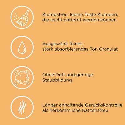 Texte en allemand : Klumpstreu, kleine feste Klumpen; feines stark absorbierendes Ton Granulat; ohne Duft und geringe Staubbildung; länger anhaltende Geruchskontrolle als herkömmliche Katzenstreu.