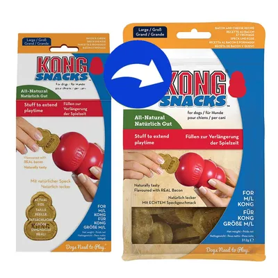 KONG Snacks für Hunde, Größe M/L, mit echtem Speckgeschmack. Füllen zur Verlängerung der Spielzeit. Natürlich lecker. Verpackungsänderung abgebildet.