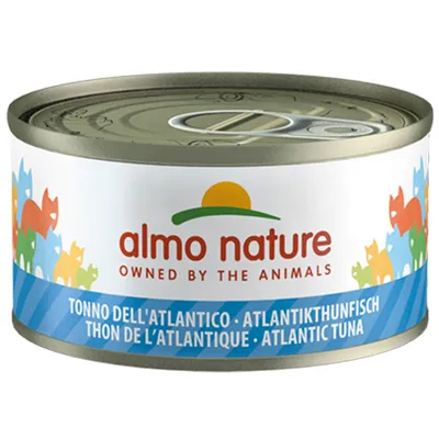 Almo Nature blik met Atlantische tonijn. Opschrift: 'Owned by the Animals'. Meertalige productnaam: Tonno dell'Atlantico, Thon de l'Atlantique, Atlantic Tuna.