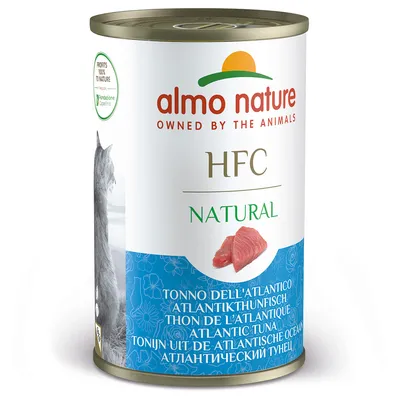 Almo Nature HFC Natural, atlantický tuňák. Konzerva s vyobrazením tuňáka a motivem kočky.