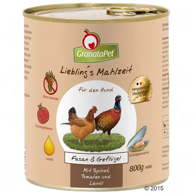 Консерва GranataPet для собак, Fasan & Geflügel, 800 г. Текст: Ohne Getreide, Granatapfelkerne, Leinöl, Hergestellt in Deutschland, Mit Spinat Tomaten und Leinöl.