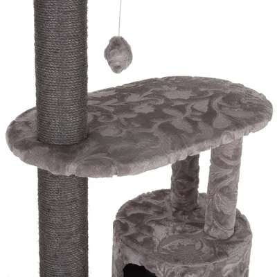 Arbre à chat gris avec poteau en sisal, plateforme recouverte de tissu doux et jouet suspendu en peluche. Partie inférieure cylindrique avec ouverture visible.