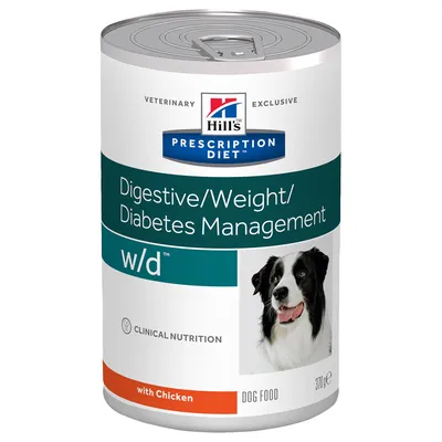 Konzerva Hill's Prescription Diet Digestive/Weight/Diabetes Management w/d s kuřetem, 370 g. Text: Clinical Nutrition, Dog Food. Fotografie psa na obalu.