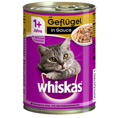 Conservă Whiskas, 1+ Jahre, mit Geflügel in Sauce, imagine cu pisică și bucăți de carne în sos. Text suplimentar: 100% komplett & ausgewogen. Ambalaj mov cu detalii galbene.