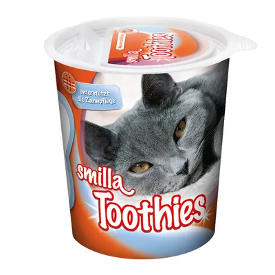 Verpakking smilla Toothies met afbeelding van grijze kat en tekst: 'unterstützt die Zahnpflege'.
