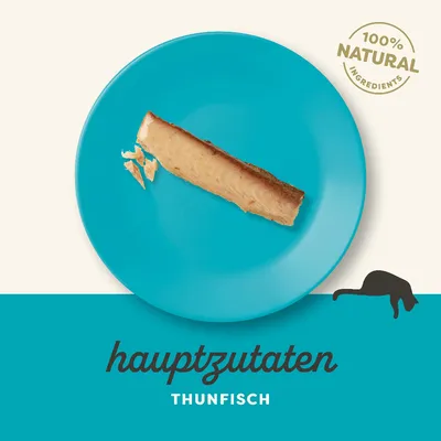 Hauptzutat Thunfisch, 100% natürliche Zutaten. Abgebildet: Thunfischstück auf blauem Teller.