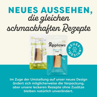 Текст на немецком: NEUES AUSSEHEN, die gleichen schmackhaften Rezepte. Applaws tuna loin treat – новое оформление упаковки, состав без изменений.