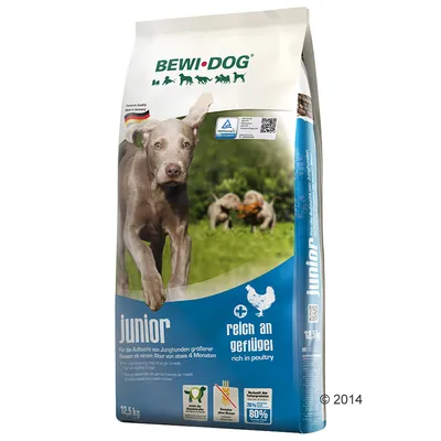 BEWI DOG junior hundfoder, 12,5 kg, text: reich an geflügel, rich in poultry. Bild på springande hund och symboler för näringsinnehåll. Premium Quality Made in Germany synligt.