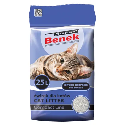 Super Benek stelivo pre mačky Compact Line, 25 l, vôňa „Sea Breeze“, obrázok mačky na obale.