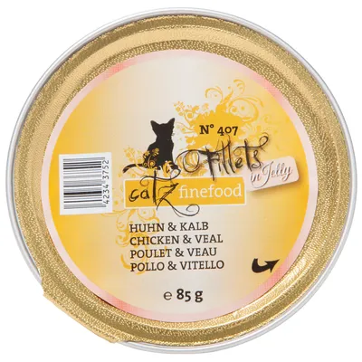 catz finefood Fillets in Jelly №407, Huhn & Kalb, 85 г. Текст на опаковката: CHICKEN & VEAL, POULET & VEAU, POLLO & VITELLO. Видима баркод зона.