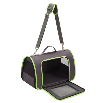 Trasportino morbido in tessuto grigio con profili verdi, apertura frontale a rete, tracolla regolabile e manico superiore visibili.