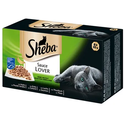 Embalagem Sheba Sauce Lover, seleção Terre & Mer, 8 x 85 g. Variedades: frango, pato, salmão, atum. Selo MSC visível. Imagem de um gato cinzento e comida em molho.