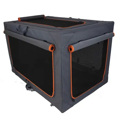 Transport box made of grey fabric with mesh windows and orange accents, foldable with carrying handle.