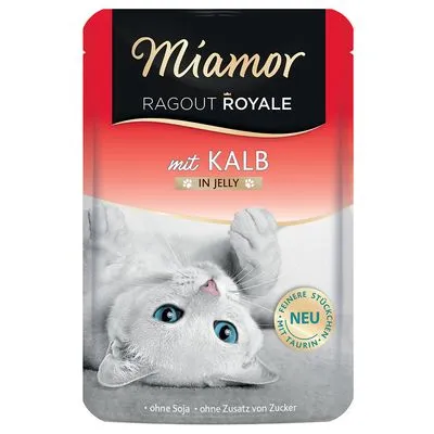 Miamor Ragout Royale mit Kalb in Jelly, sans soja, sans ajout de sucre, mention NEU, petits morceaux, taurine visible sur l’emballage.