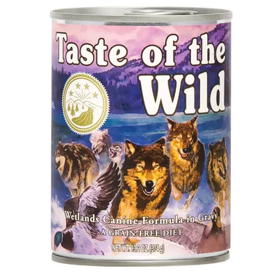 Konzerva Taste of the Wild, Wetlands Canine Formula-in Gravy, A Grain-Free Diet, hmotnost 374 g. Na obalu vlci a přírodní motivy.