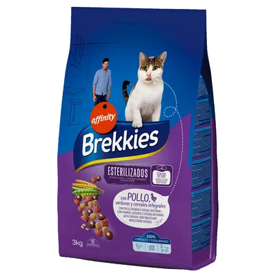Sac de croquettes pour chats Affinity Brekkies, stérilisés, au poulet, légumes et céréales complètes, 3 kg. Texte en espagnol : 'con pollo, verduras y cereales integrales'.