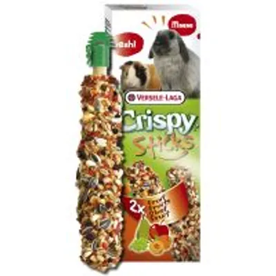 Versele-Laga Crispy Sticks, förpackning med två fruktstänger. Bild på kanin och marsvin samt texten '2x Fruit Fruity Frucht'.