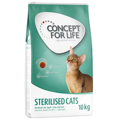 CONCEPT FOR LIFE Sterilised Cats kattenvoer, 10 kg zak. Tekst: body weight control, urinary tract support, high digestibility. Voor gesteriliseerde katten vanaf 1 jaar.