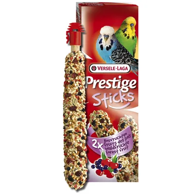 Versele-Laga Prestige Sticks, smak av skogsbär, 2x för undulater. Förpackningen visar två undulater och ett snacksstick täckt med bär.