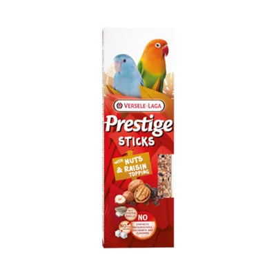 Versele-Laga Prestige Sticks with nuts and raisins, without synthetic preservatives, colourings or flavourings. Packaging shows two birds and product image.