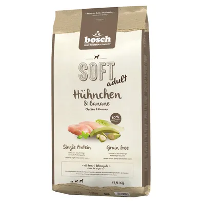 bosch SOFT adult Huhnchen & Banane, Chicken & Banana, Single Protein, Grain Free, 12,5 kg. Bild på förpackning med kyckling och banan. Text på tyska och engelska.