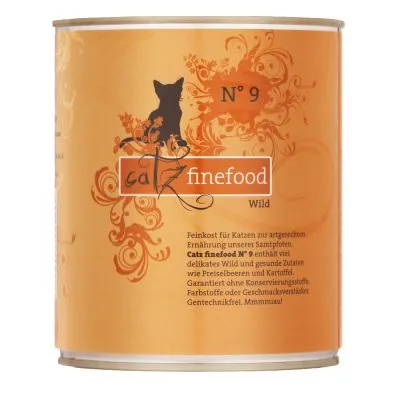 Catz finefood N° 9 Wild konzerva za mačke, narančasta ambalaža s crnom siluetom mačke i tekstom na njemačkom jeziku. Vidljiv naziv proizvoda i broj.