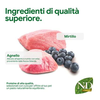 Componenti: agnello della Nuova Zelanda, mirtilli. Proteine di alta qualità, selezionate con cura per un pasto equilibrato. N&D Prime. Componenti: agnello della Nuova Zelanda, mirtilli. Proteine di alta qualità, selezionate con cura per un pasto equilibrato. N&D Prime.